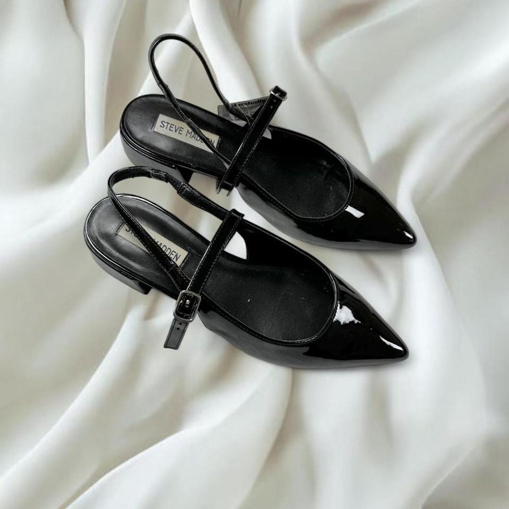 Steve Madden Baskin Buckled Ankle Strap Slingback Flats black patent leather y2k